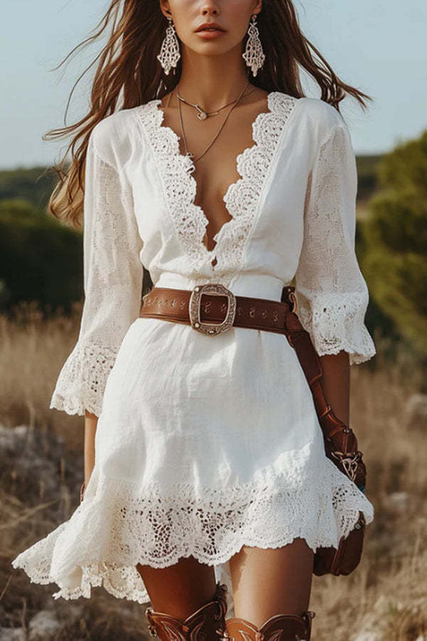 Solid Color V-neck Lace Trim Slim-fit Mini Dress-consonak