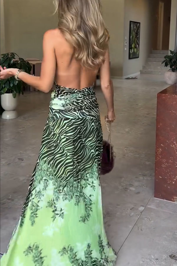 Lyra Floral and Animal Prints Ruched Waist Halter Backless Tank and High Rise Maxi Skirt Set