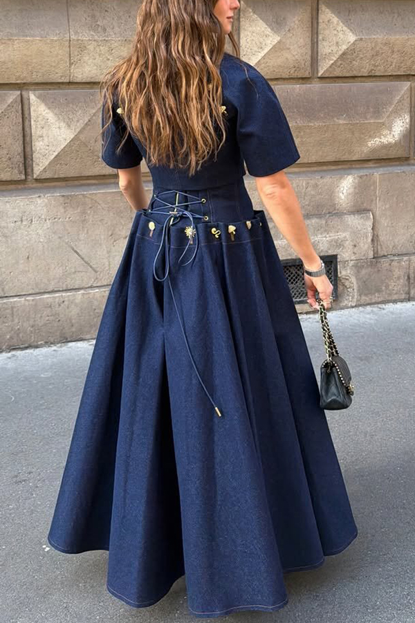Custom Look Denim Unique Metal Pattern Buttons Lace-up Waist Crisp Hem Maxi Skirt