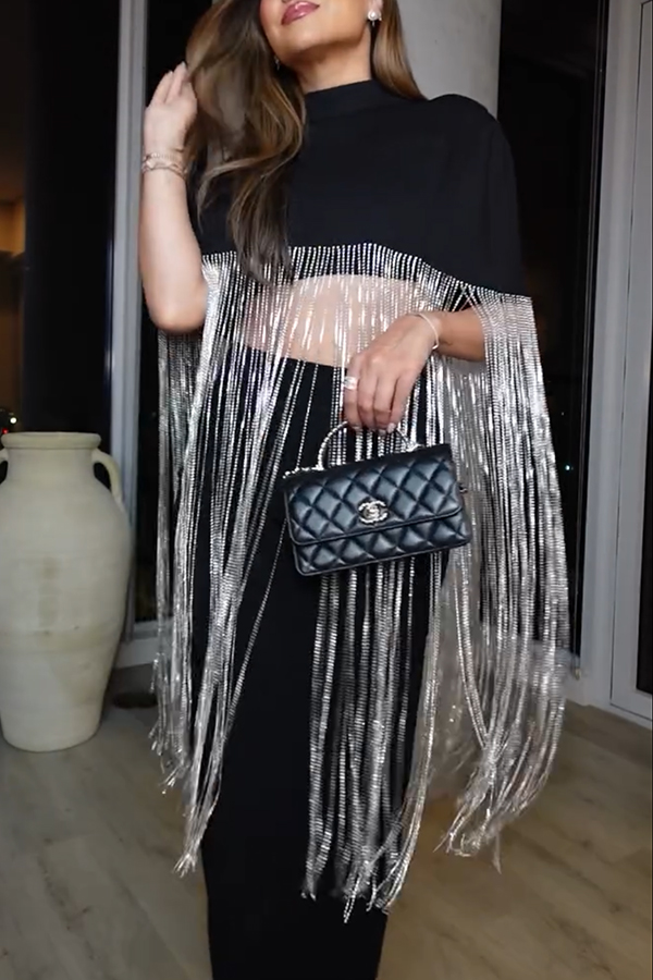 New Level Shiny Tassel Stand Neck Crop Cape Blouse-consonak