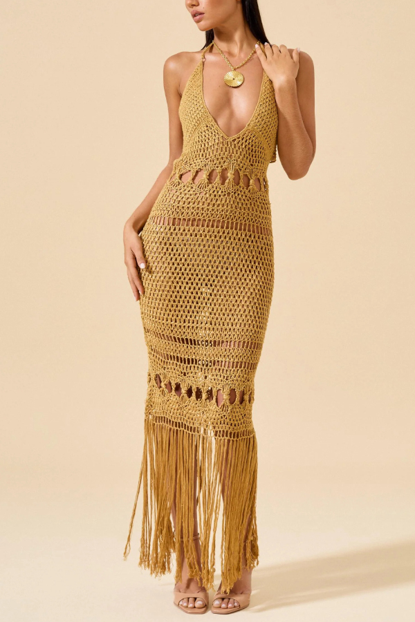 Fashionable Open-knit Backless Elegant Tassel Hem Vacation Cover-up Maxi Dress-consonak