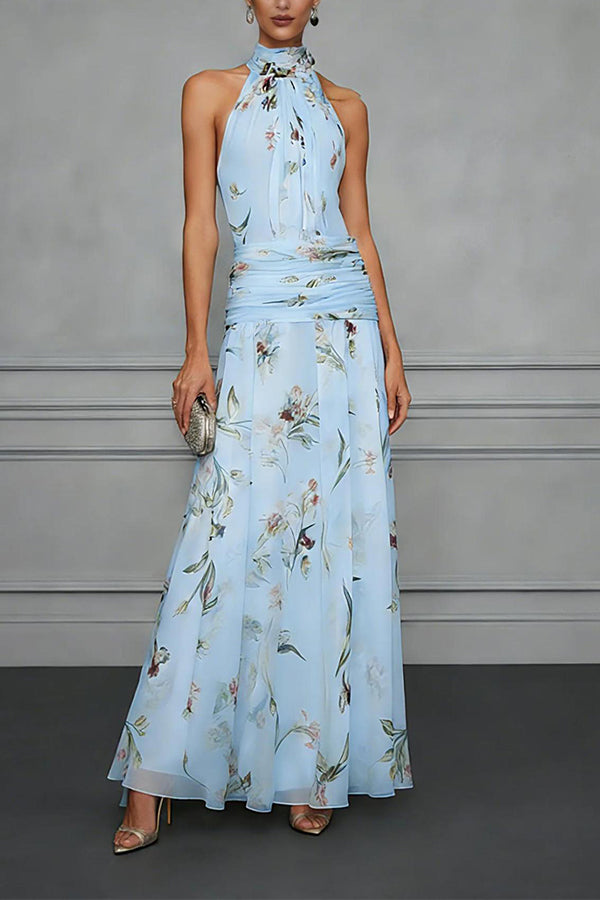 Aria Ruched Halter Floral Dress-Consonak