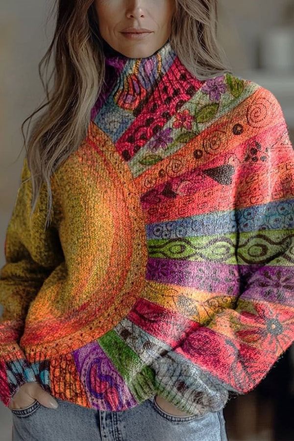 Floral Pattern High-Neck Long-Sleeved Loose Sweatshirt-consonak