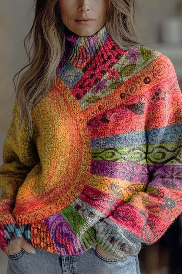 Floral Pattern High-Neck Long-Sleeved Loose Sweatshirt-consonak