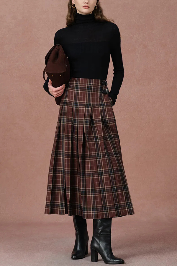 Yehudit Plaid Belt Buckle Design High Rise Pocket Midi Umbrella Skirt-consonak