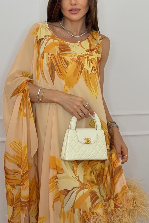 Nadia Chiffon Floral Print Asymmetrical Bell Sleeve Feather Trim Maxi Dress-consonak