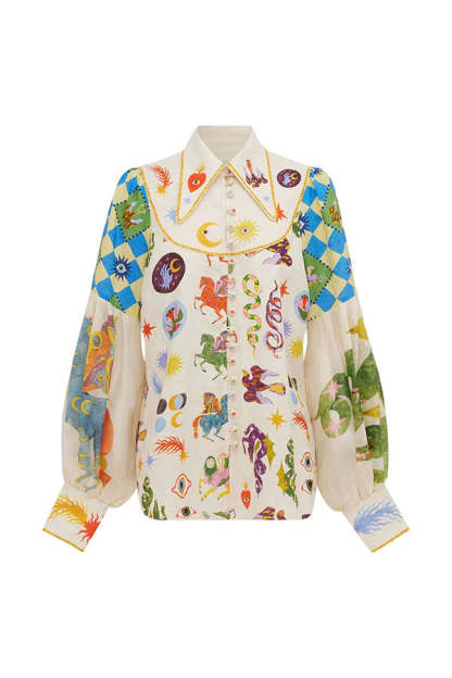 Love Frees Me Linen Blend Unique Print Balloon Sleeve Button Shirt-consonak