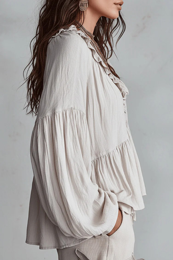 Solid Color V-neck Ruffled Puff Sleeve Loose Casual Top | Consonak