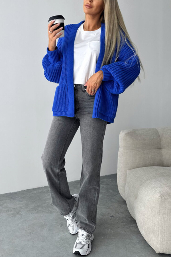 Solid Color V-neck Long-sleeved Casual Knitted Cardigan-consonak