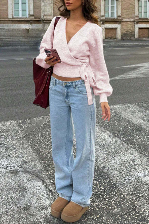 Solid Color Crossover V-neck Tie Elegant Long-sleeved Knit Top-consonak