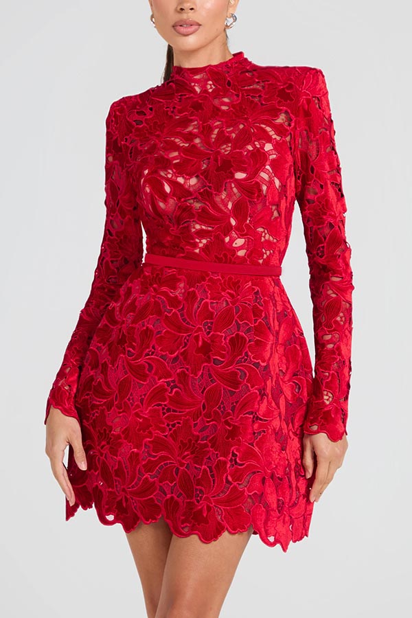 Lydia Embroidered Floral Lace Long Sleeve Belt Tulip Shaped Mini Dress-consonak