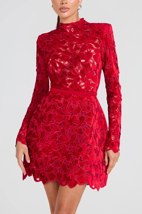 Lydia Embroidered Floral Lace Long Sleeve Belt Tulip Shaped Mini Dress-consonak