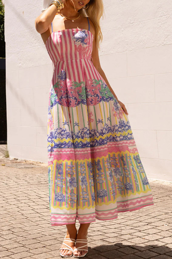 Unique Print Spaghetti Strap Square Neck Fitted Waist Elegant Maxi Dress