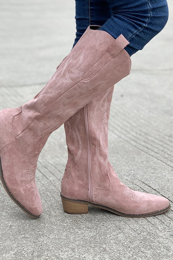 Retro Embroidered Block Heel Mid-calf Western Cowboy Martin Boots-consonak