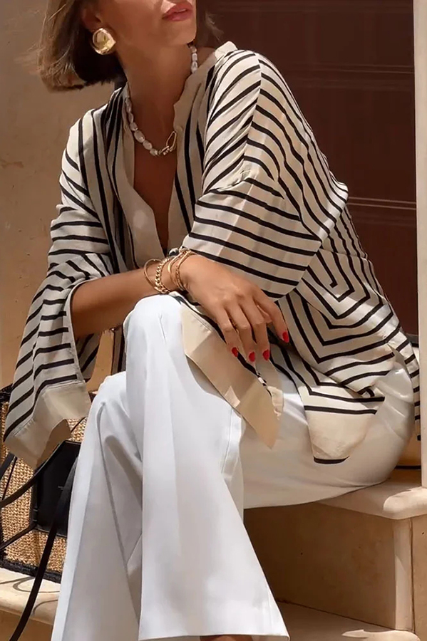 Comfortable and Effortless Striped Long Slit Sleeve Button Relaxed Loose Blouse-consonak