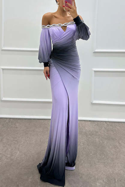 Julieta Gradient Print Boat Neck Off Shoulder Gem Detail Slit Gown Maxi Dress-consonak