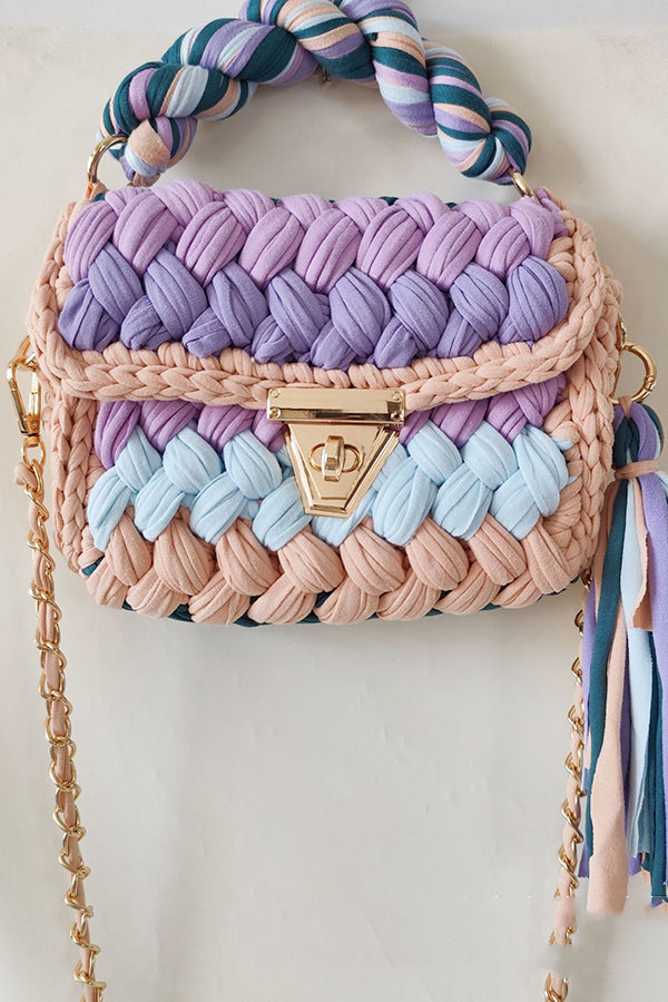 Contrast Color Stitching Braided Chain Tassel Bag-consonak