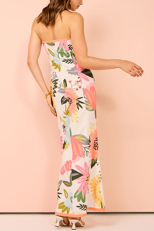 Inessa Linen Blend Floral Print Strapless Wrap Bow Maxi Dress-consonak
