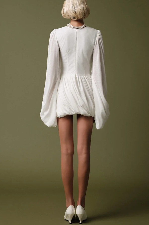 Solid Color Round Neck Lantern Long Sleeve Pleated Casual Mini Dress-consonak