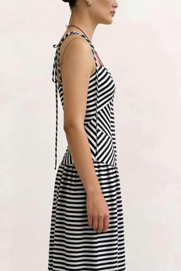Striped Print V-neck Sleeveless Casual Vacation Maxi Dress