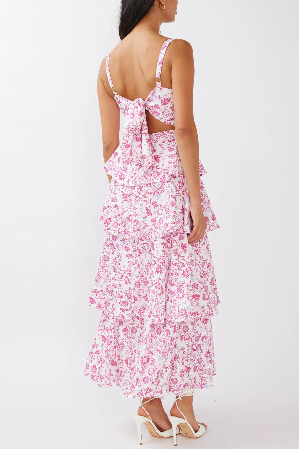 Floral Print Square Neckline Back Tie Casual Holiday Maxi Dress