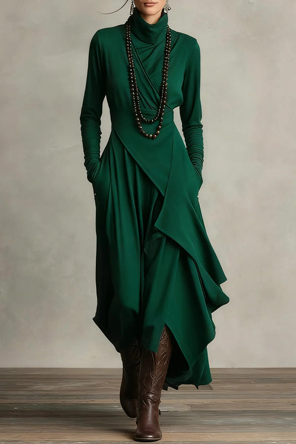 Solid Color High-neck Long-sleeved Irregular Casual Maxi Dress-consonak