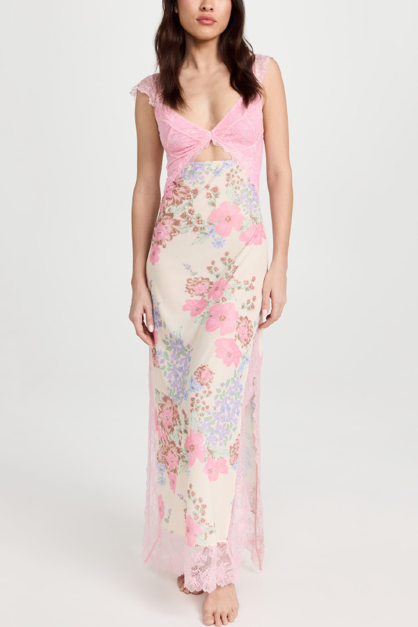 Floral Print Lace Patchwork Hollow-out Slim-fit Midi Dress-consonak