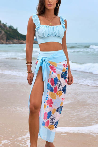 Floral Print Ruffled Two-piece Stretch Bikini Swimsuit and Elegant Gauze Scarf Set-consonak