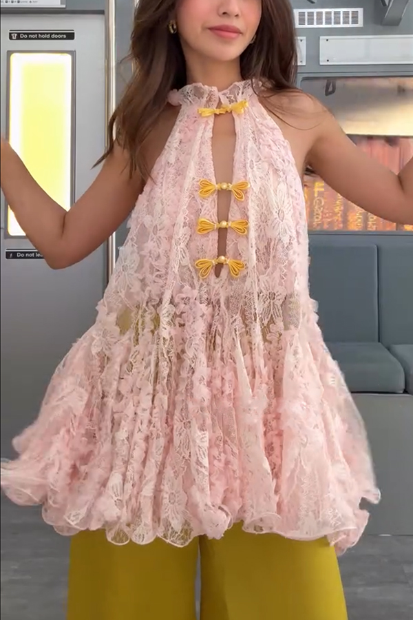 Cheongsam Style Lace Stand Neck Knots Button Ruffle Flare Hem Top