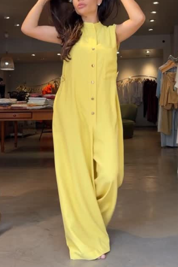 Linen Blend Solid Color Sleeveless Casual Button Loose Wide-leg Jumpsuit