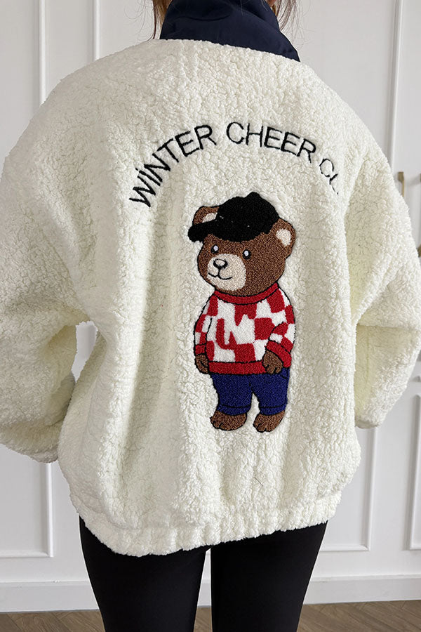 Plaid Teddy Bear Print Colorblock High-Pile Fleece Zipper High Neck Long Sleeve Pocket Sweatshirts