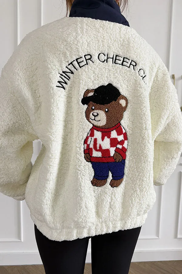 Plaid Teddy Bear Print Colorblock High-Pile Fleece Zipper High Neck Long Sleeve Pocket Sweatshirts