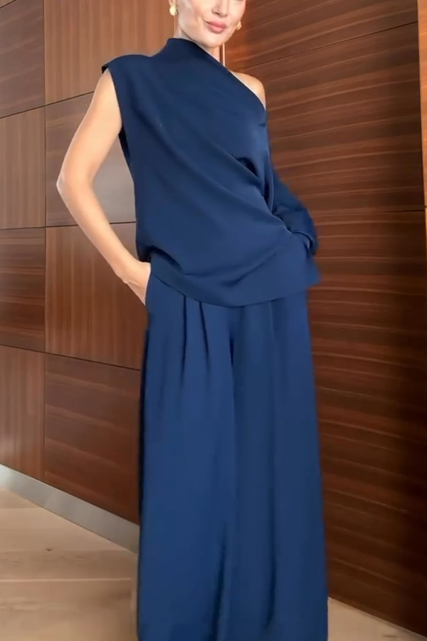Cleo One Shoulder Irregular Balloon Sleeve Top and High Rise Pleated Button Waist Pocket Loose Pants Set-consonak
