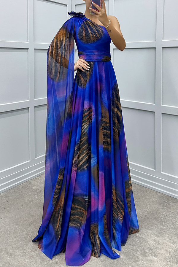 Lucia Unique Print Floral Detail One Shoulder Draped Sleeve Gown Maxi Dress | Consonak