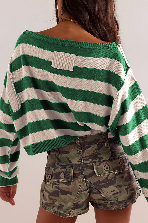 Striped Print Crew Neck Long Sleeve Loose Knitted Sweater-consonak