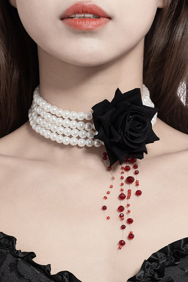 Halloween Dark Blood-stained Pearl Beaded Rose Necklace-consonak