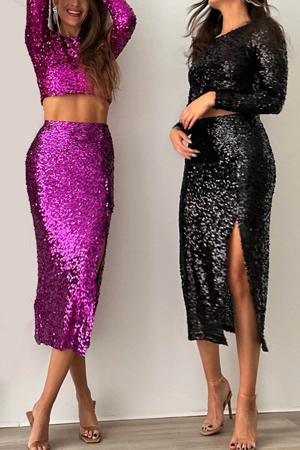 Solid Sequined Long-sleeved Crop Top and Sexy Slit Midi Skirt Set-consonak