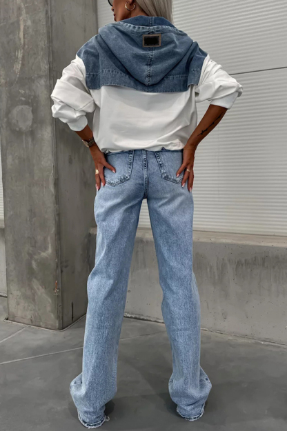 All The Time Denim Patchwork Soft Fabric Kangaroo Pocket Loose Hoodie-consonak