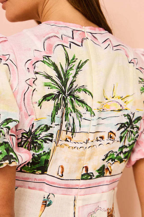 European Summer Sunset Linen Blend Unique Print Puff Sleeve Midi Dress-consonak