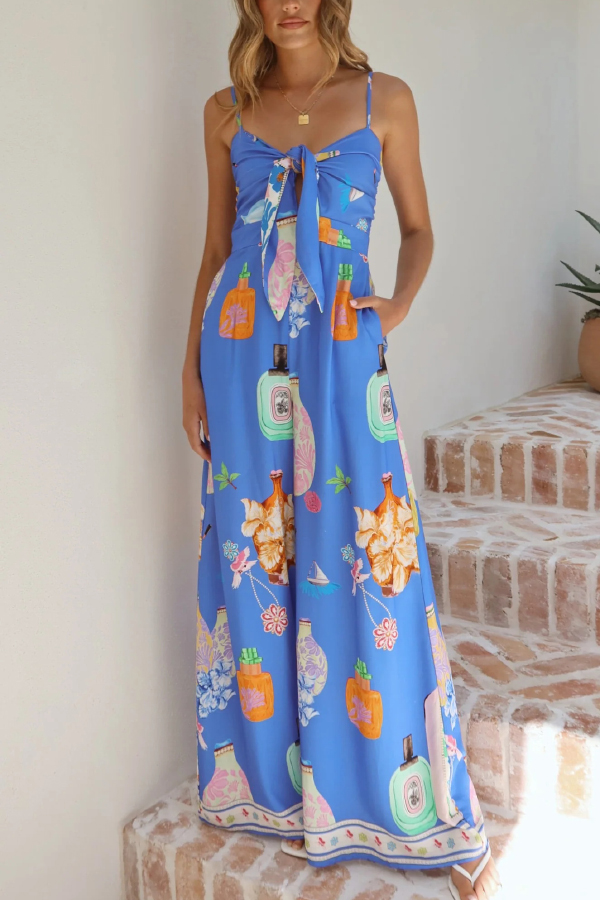 Perfume Bottle Print Strappy Fitted Waist Casual Pocket Wide-Leg Jumpsuit