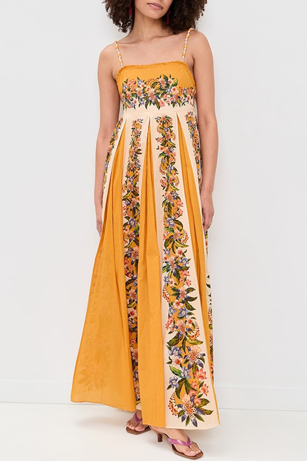 Bloom Bright Linen Blend Floral Print Beaded Shoulder Straps Pocket Maxi Dress