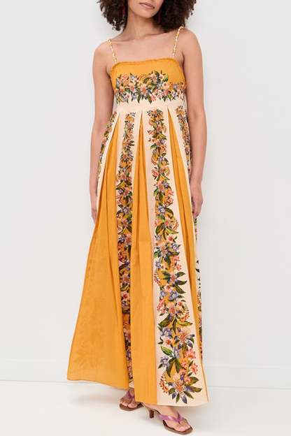 Bloom Bright Linen Blend Floral Print Beaded Shoulder Straps Pocket Maxi Dress-consonak