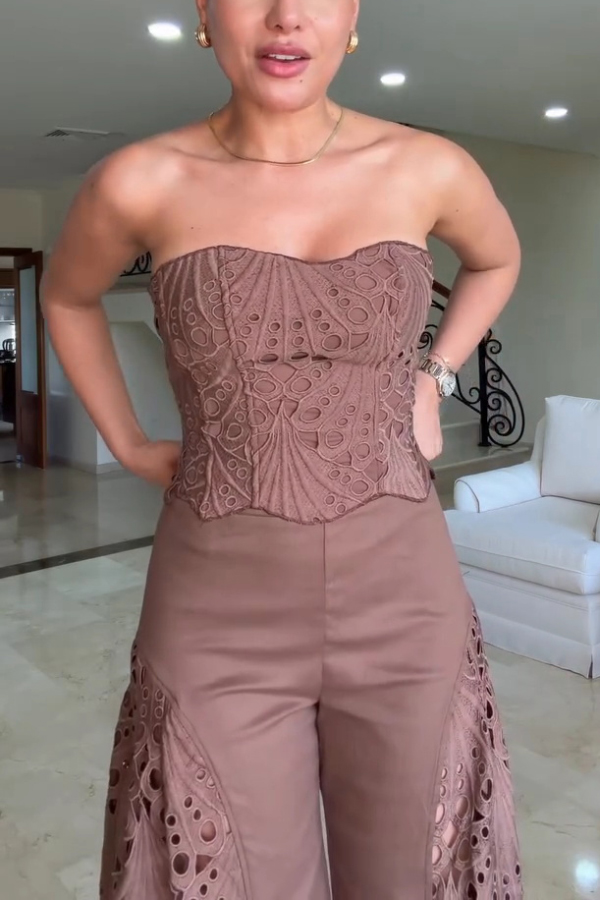 Lily Embroidered Cutout Lace Back Lace-up Tank and High Rise Wide Leg Pants Set
