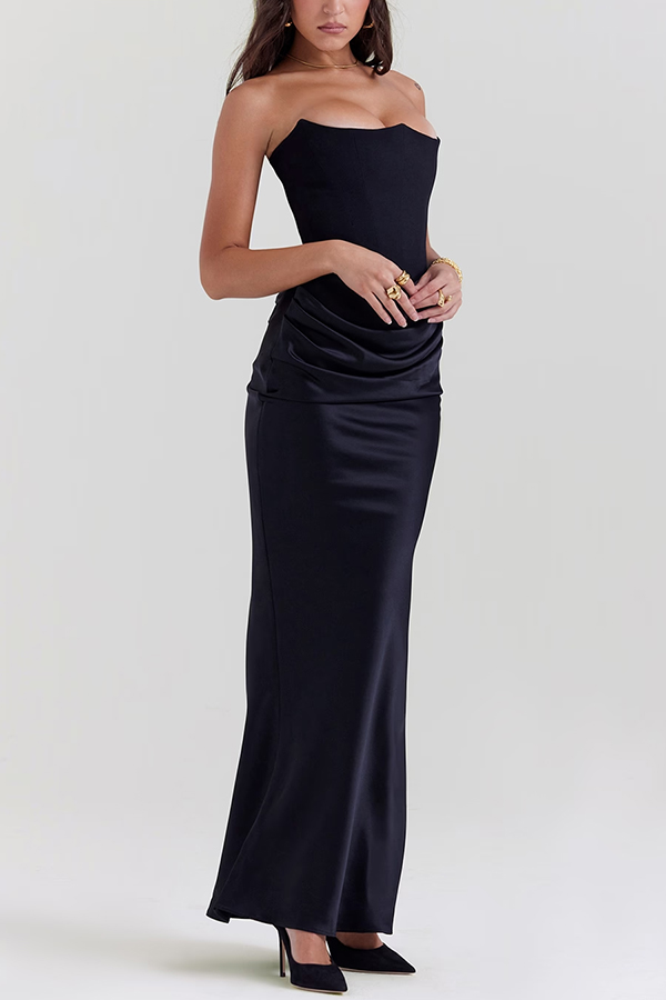 Attend The Gala Strapless Corset Satin Ruched Hip Drape Maxi Dress | Consonak