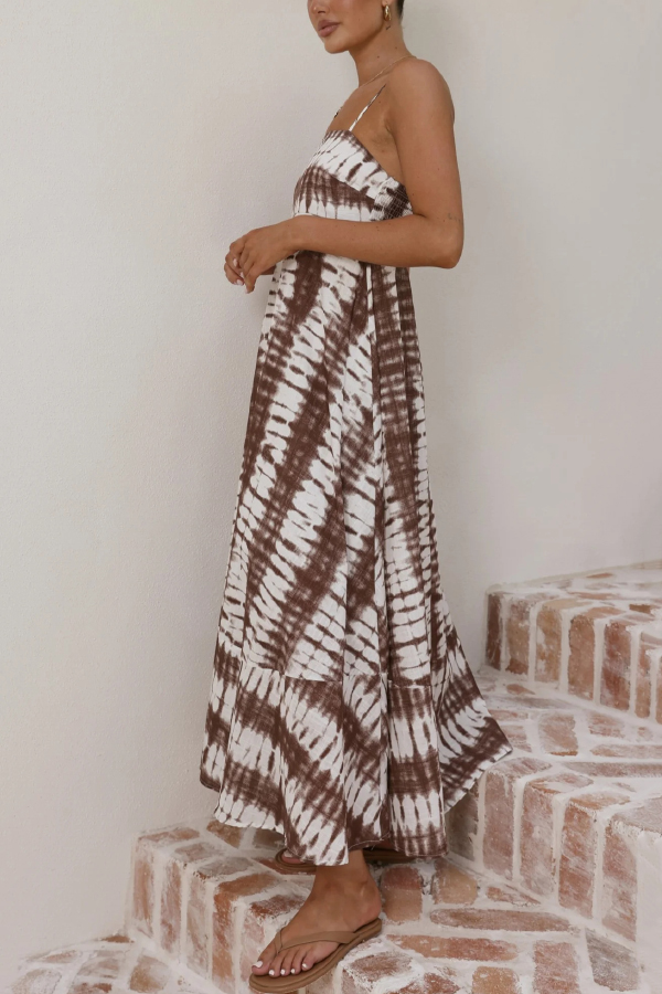 Fashionable Tie-dye Print Spaghetti Strap High-waisted Casual Vacation Maxi Dress