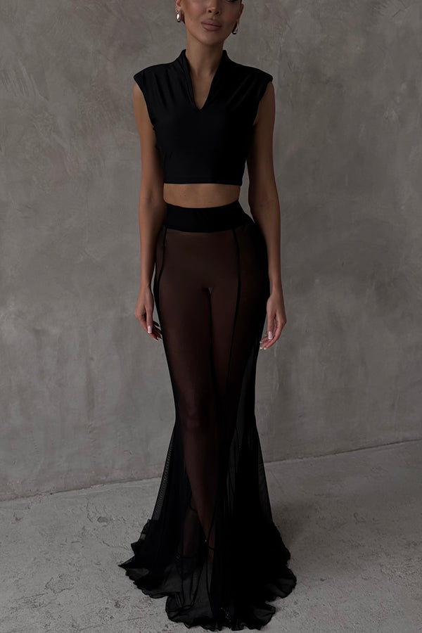 French summer chiffon fish tail eternal mesh high waisted elastic fish tail long skirt-consonak