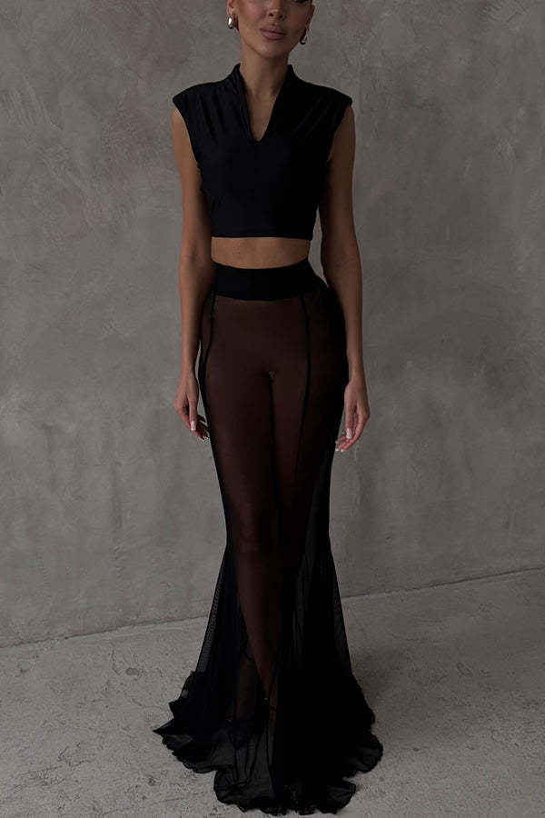 French summer chiffon fish tail eternal mesh high waisted elastic fish tail long skirt-consonak