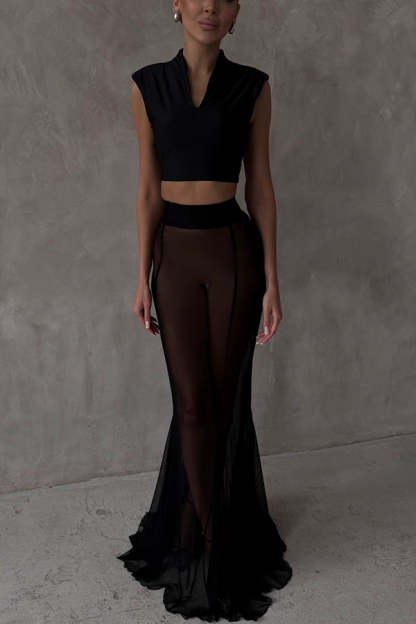 French summer chiffon fish tail eternal mesh high waisted elastic fish tail long skirt-consonak