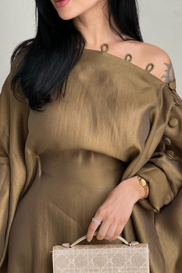 Solid Color Button-down Collar Elegant Kaftan Robe Maxi Dress-consonak