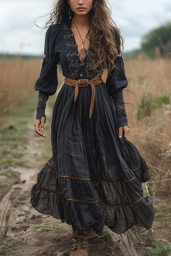 Unique Print V-Neck Long Sleeve Casual Vacation Maxi Dress